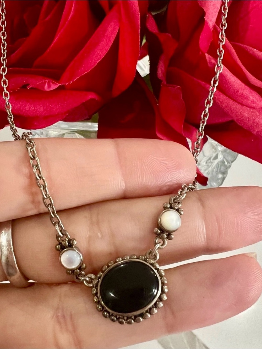 Vintage 925 Sterling Silver Onyx Moonstone Necklace Thailand 18”